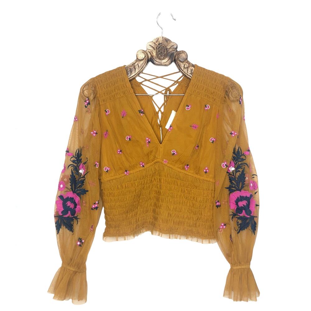 Anthropologie Top Smocked Flora Embroidered Mesh Puff Sleeve Tie Up Back M - Picture 1 of 8